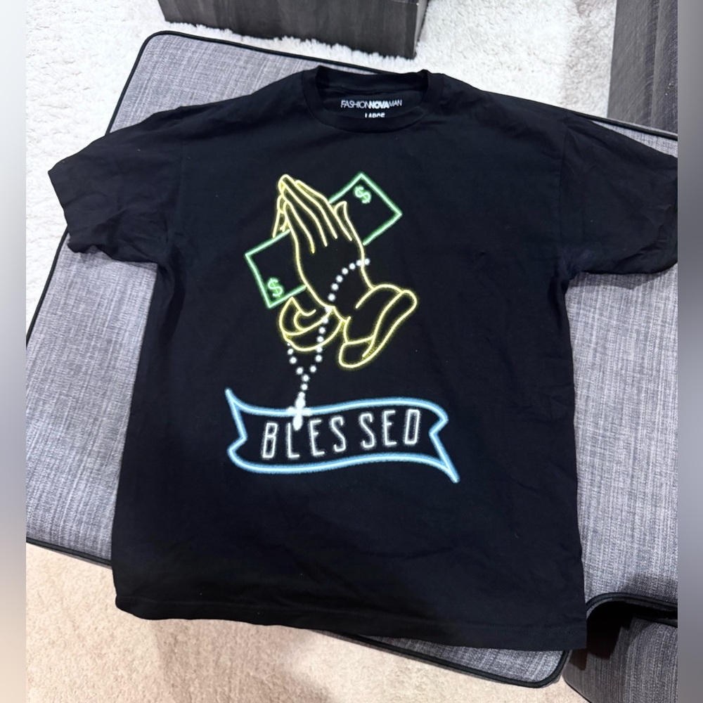Fashion Nova Men Black Tee with Praying Hands Graphic Neon yellow and green